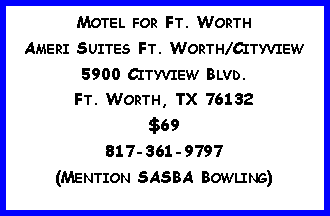 Text Box: Motel for Ft. WorthAmeri Suites Ft. Worth/Cityview5900 Cityview Blvd.Ft. Worth, TX 76132$69817-361-9797(Mention SASBA Bowling)