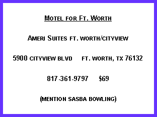 Text Box: Motel for Ft. WorthAmeri Suites ft. worth/cityview5900 cityview blvd     ft. worth, tx 76132817-361-9797     $69     (mention sasba bowling)